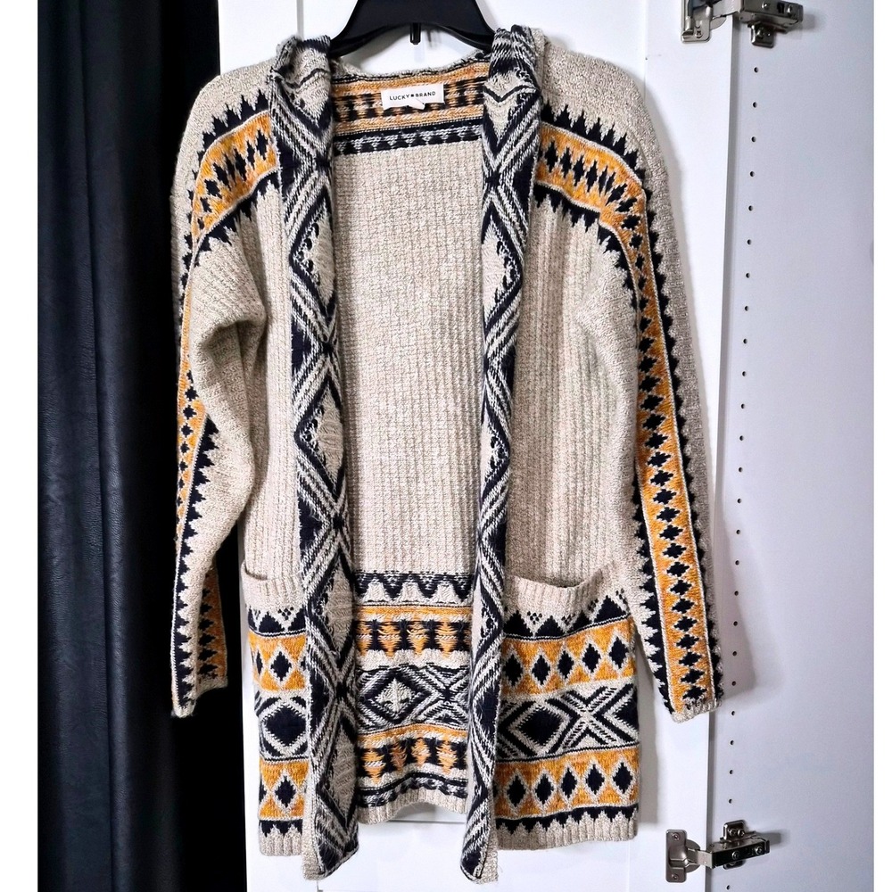 Lucky Brand Hooded Open Front Cardigan Sweater Geometric Print Beige‎ Womens S